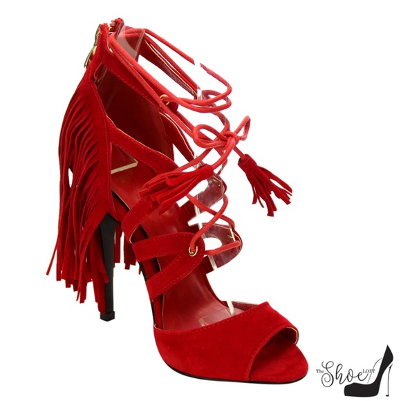 Bliss Lip Stick Red Fringe Lace Up Heels